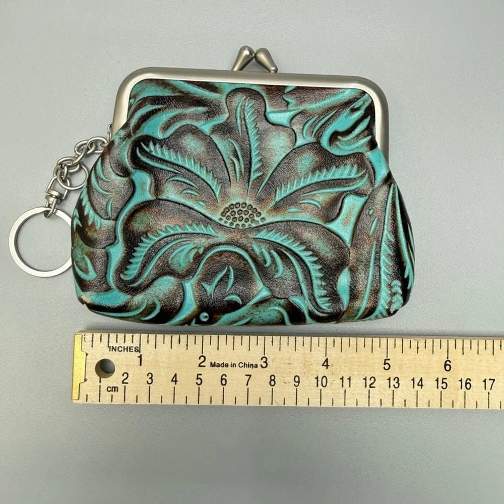 PATRICIA NASH Borse Tooled Leather Coin Purse Kiss Lock Turquoise Floral Western